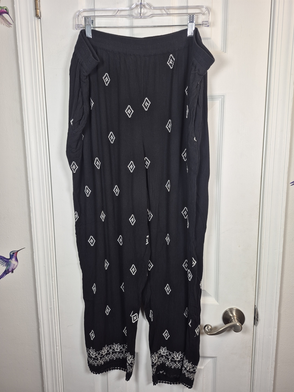 Susan Graver Pure 2X Boho Embroidered Wide Leg Gauze Pants Black Plus 2X